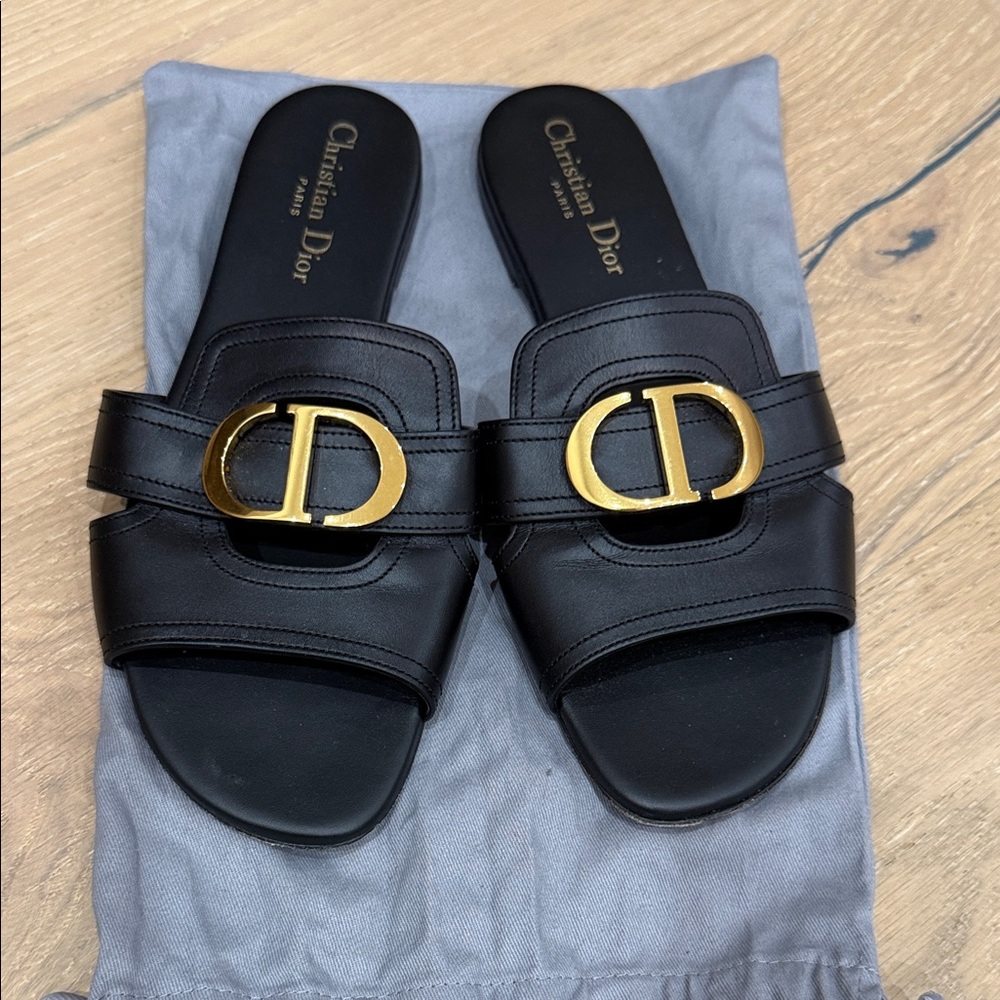 Authentic pre loved Dior Black Leather Slides with Gold CD Emblem